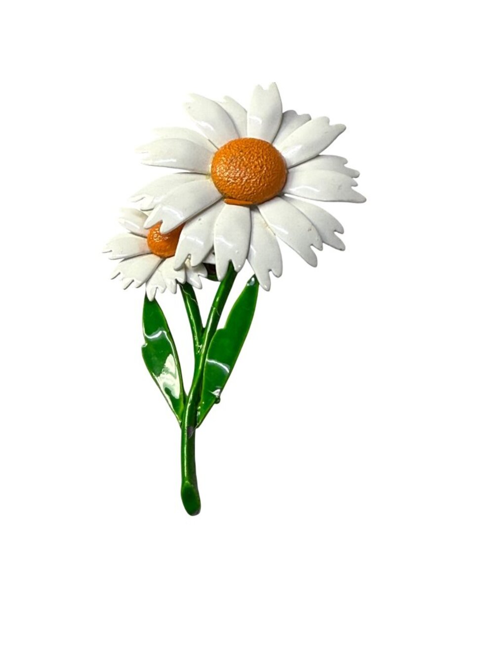 Enamel Daisy Flower Brooch Pin White Petals & Green Stems Vintage Retro Floral